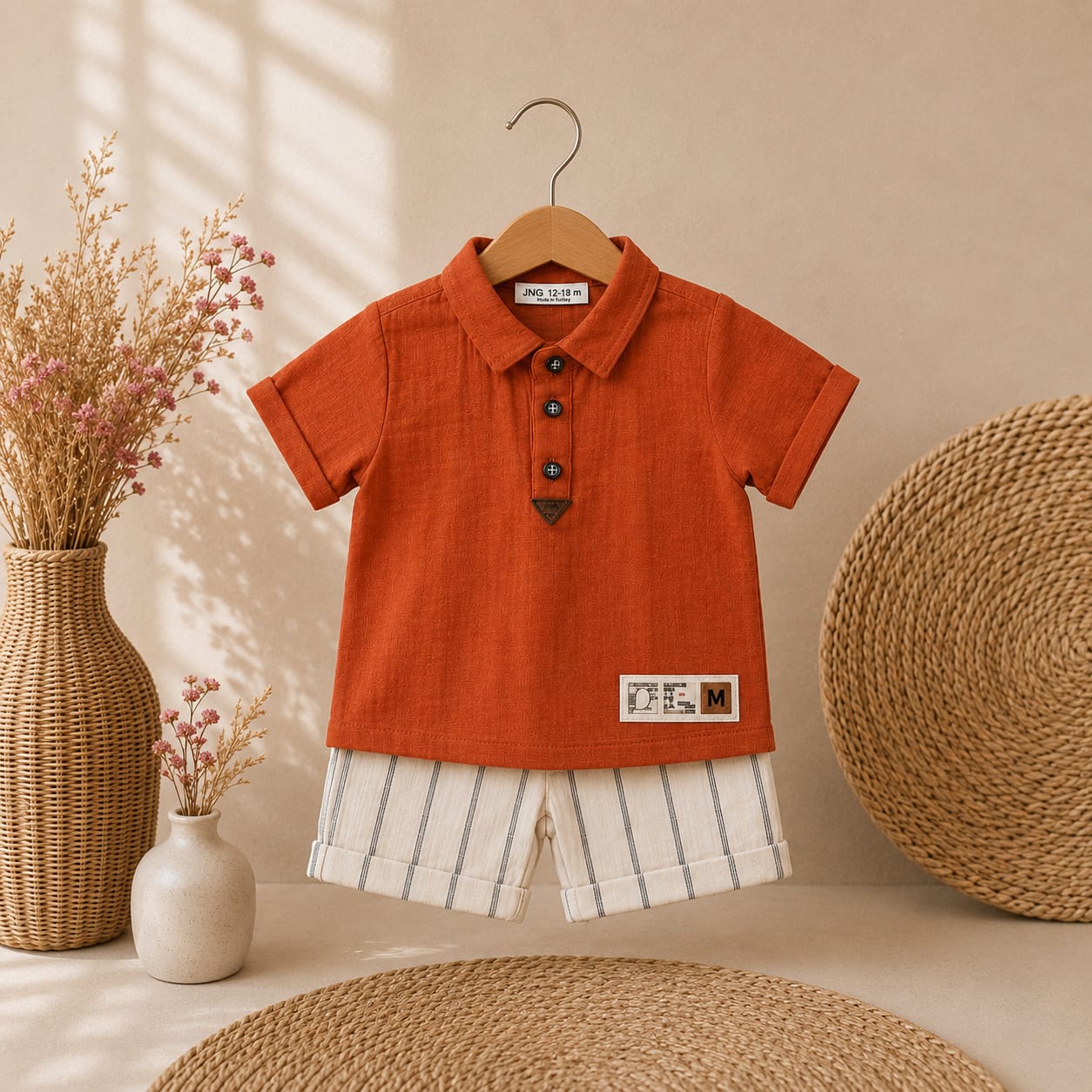 Polo Yaka Çizgili Şortlu Erkek Bebek Takımı