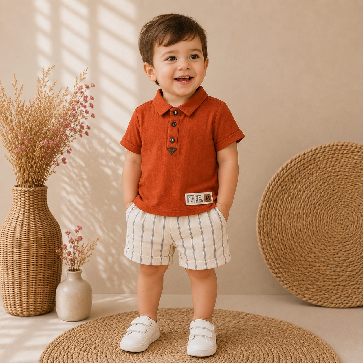 Polo Yaka Çizgili Şortlu Erkek Bebek Takımı