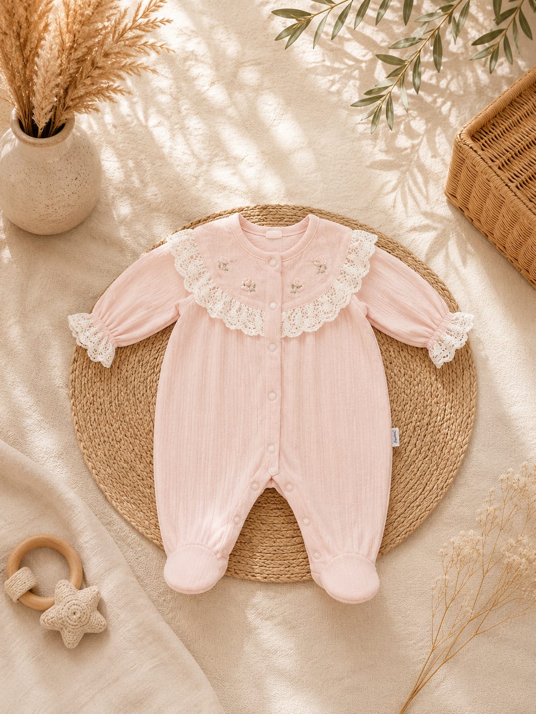 Tatlı Patik Dantel Yakalı Pudra Bebek Tulumu