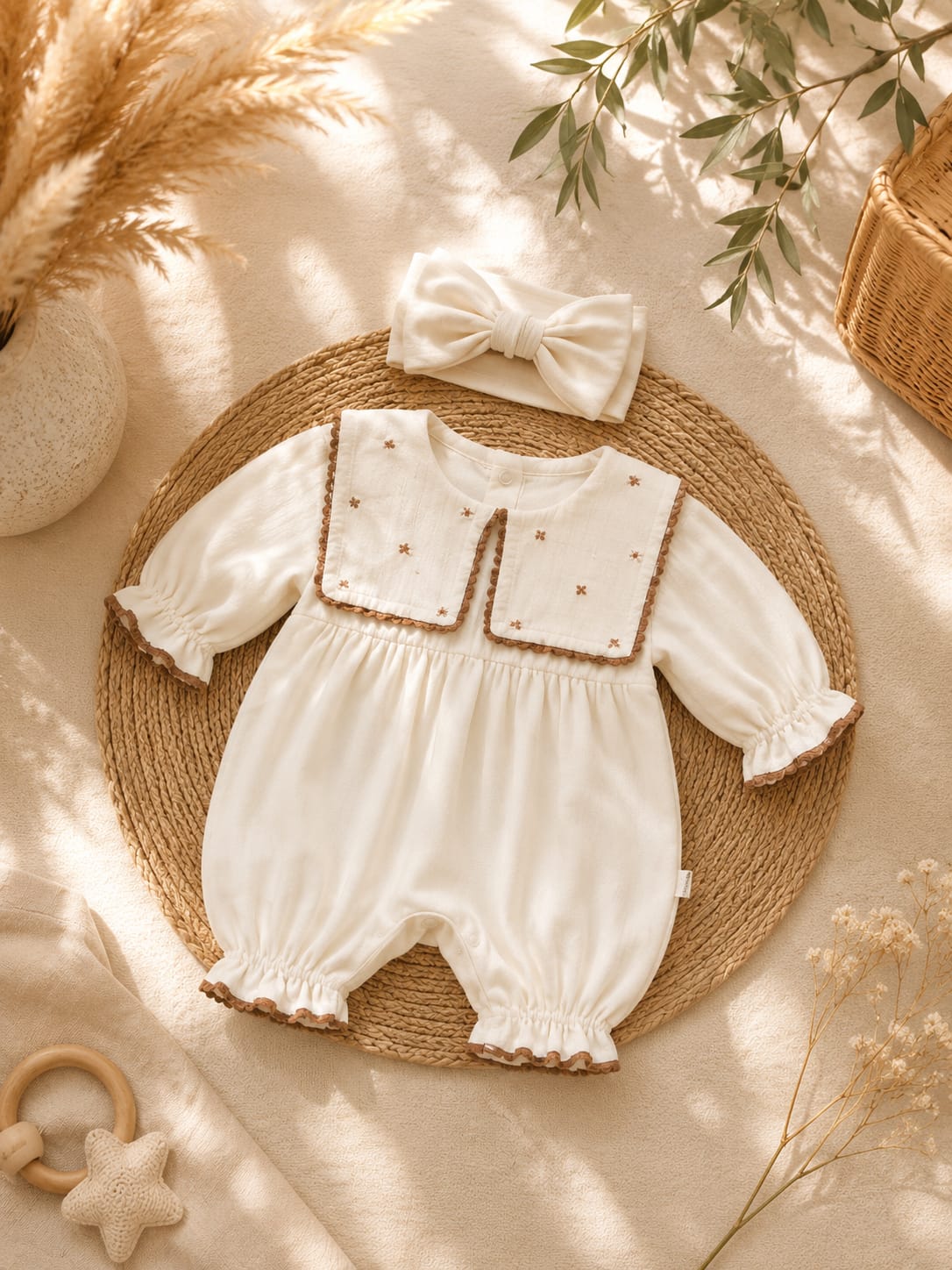 Fırfır Yakalı Müslin Bebek Tulumu & Bandana Seti 